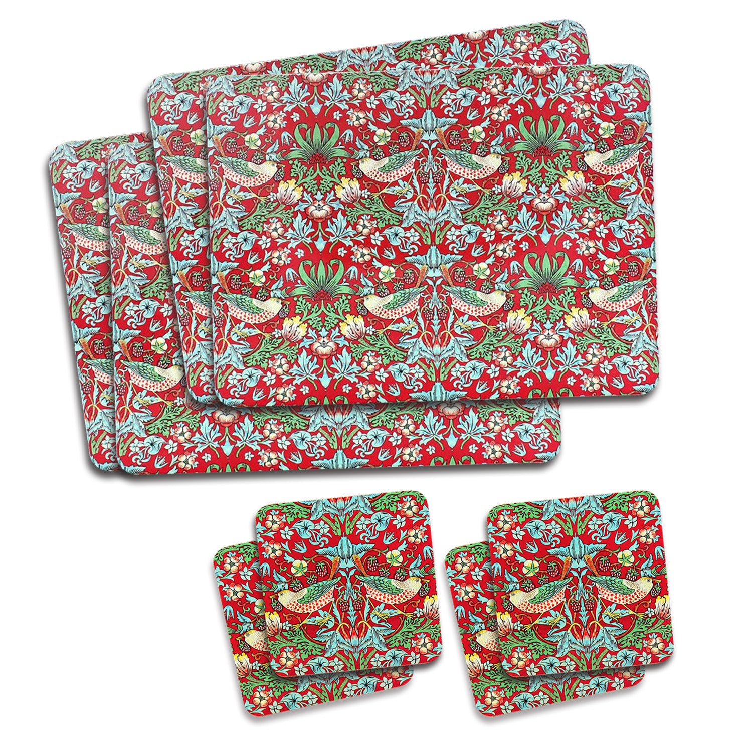 W Morris Strawberry Thief 4 Cork Coasters & 4 Cork Back Placemats