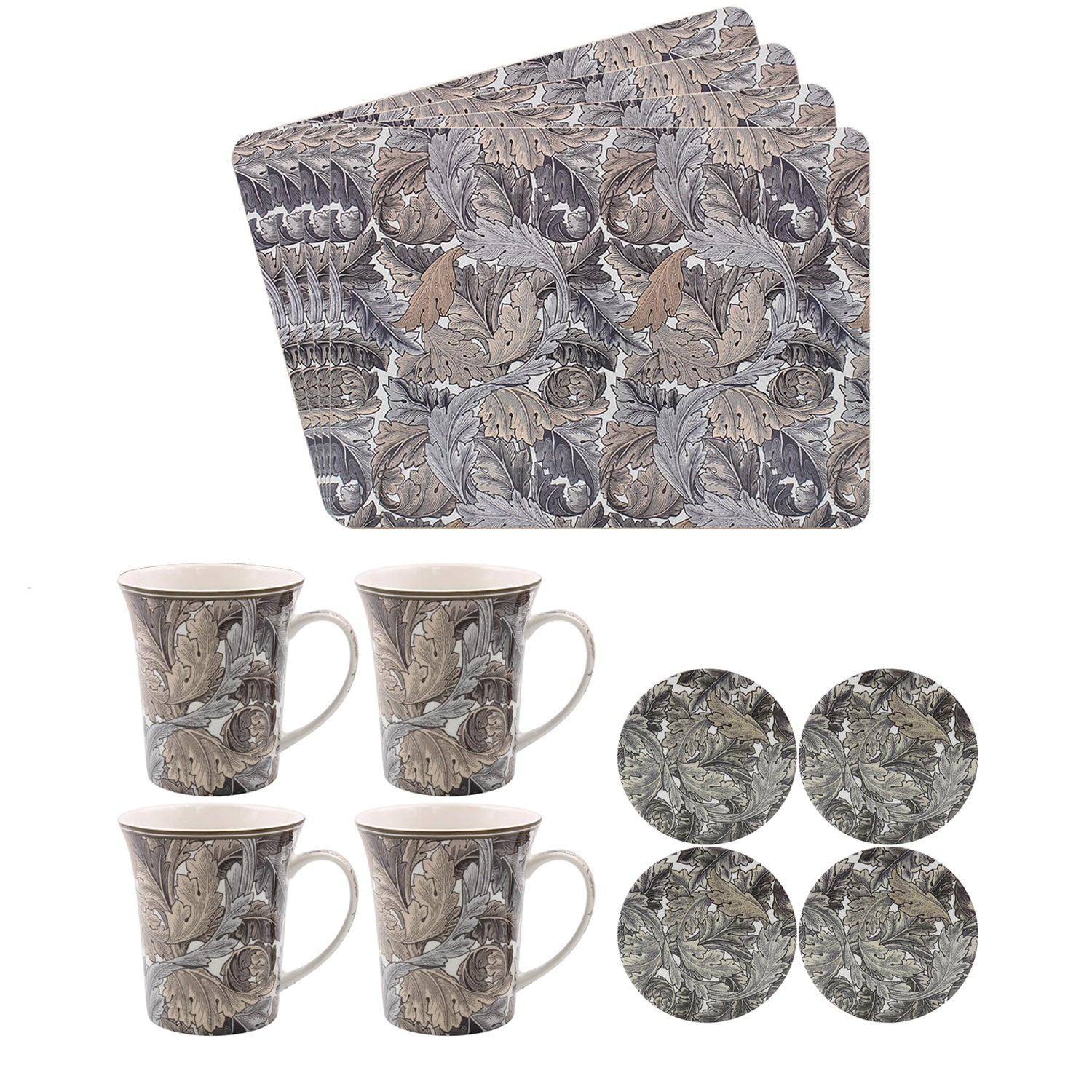 12-pc Set W Morris Acanthus Fine China Mugs Cork Placemat Ceramic Coasters