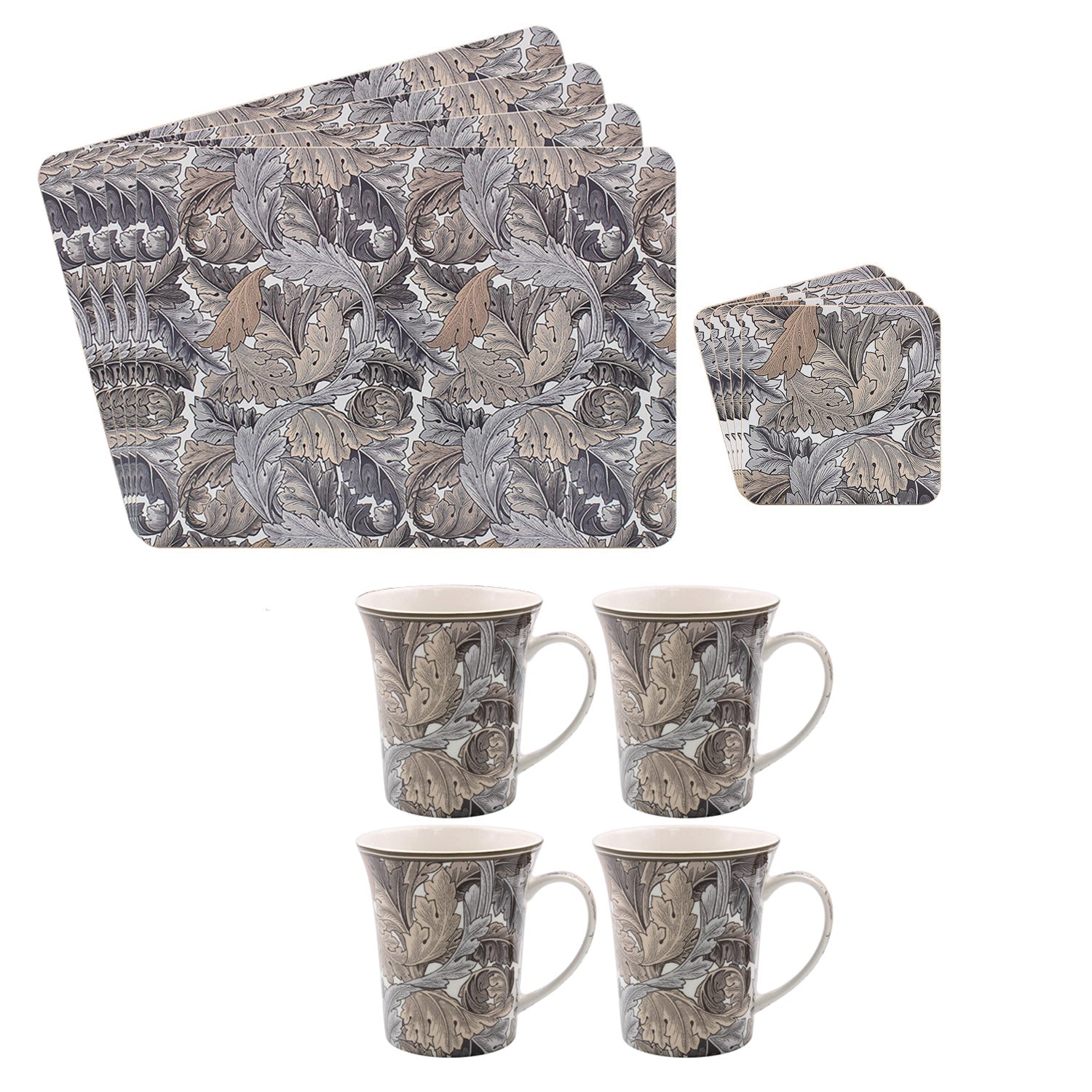12-pc W Morris Acanthus Ceramic Mugs Cork Square Coasters Placemat Set