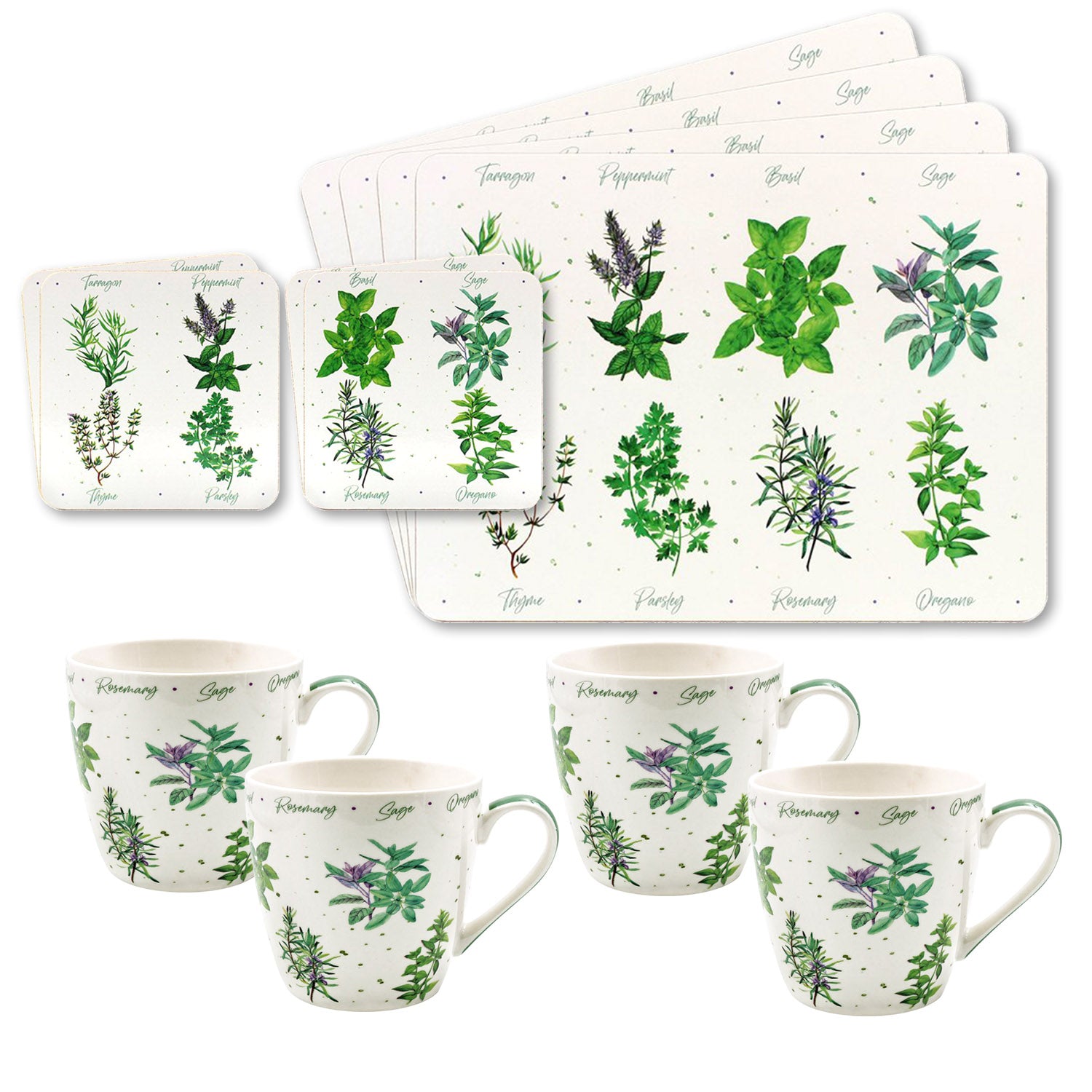 12-pc Set Green Herbs Garden Cork Coasters Placemats Breakfast Mugs x4 Leaves