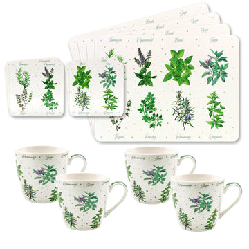 12-pc Set Green Herbs Garden Cork Coasters Placemats Breakfast Mugs x4 Leaves