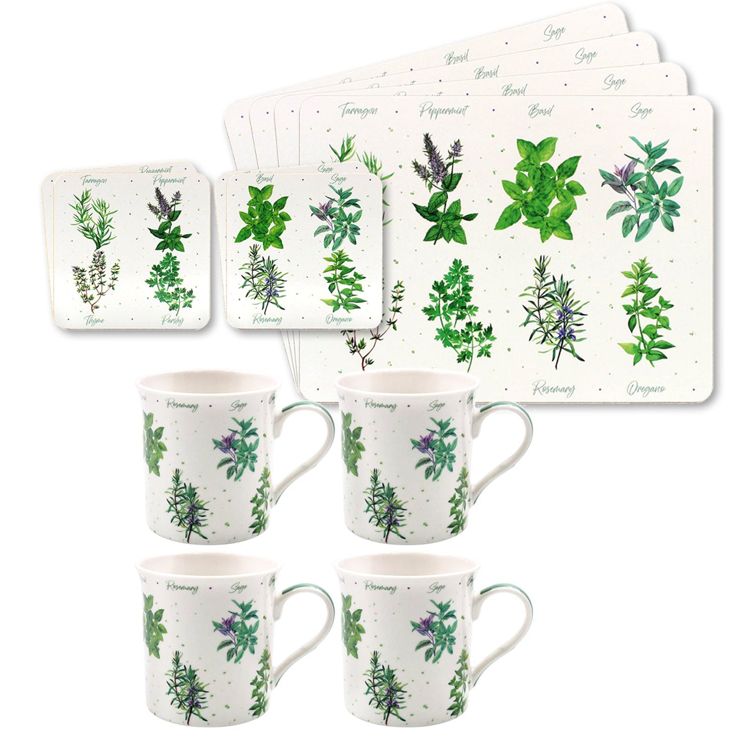 12pc Set Green Herbs Garden Cork Coasters Placemats 230ml Mugs