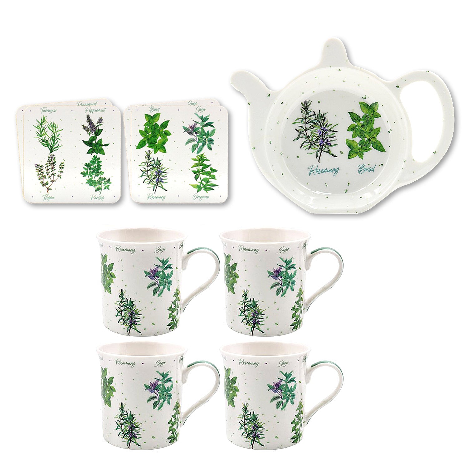 9-pc Set Green Herbs Garden Cork Coasters Fine China Mugs Teabag Tidy