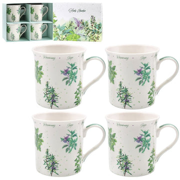 9-pc Set Green Herbs Garden Cork Coasters Fine China Mugs Teabag Tidy