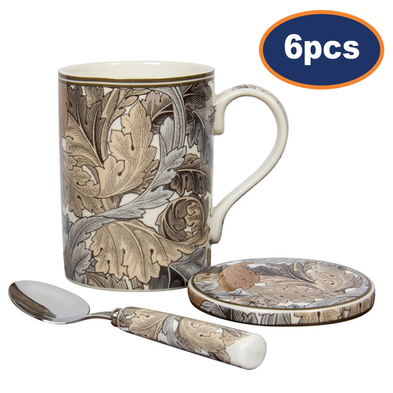 6pc William Morris Acanthus Mug w/ Coaster & Spoon Set