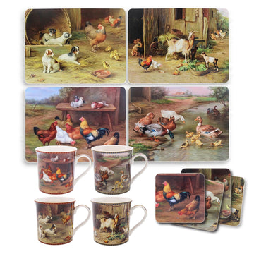 Edgar Hunt Farm Life 4Pcs 300ml China Mugs with 4 Coasters & 4 Placemats