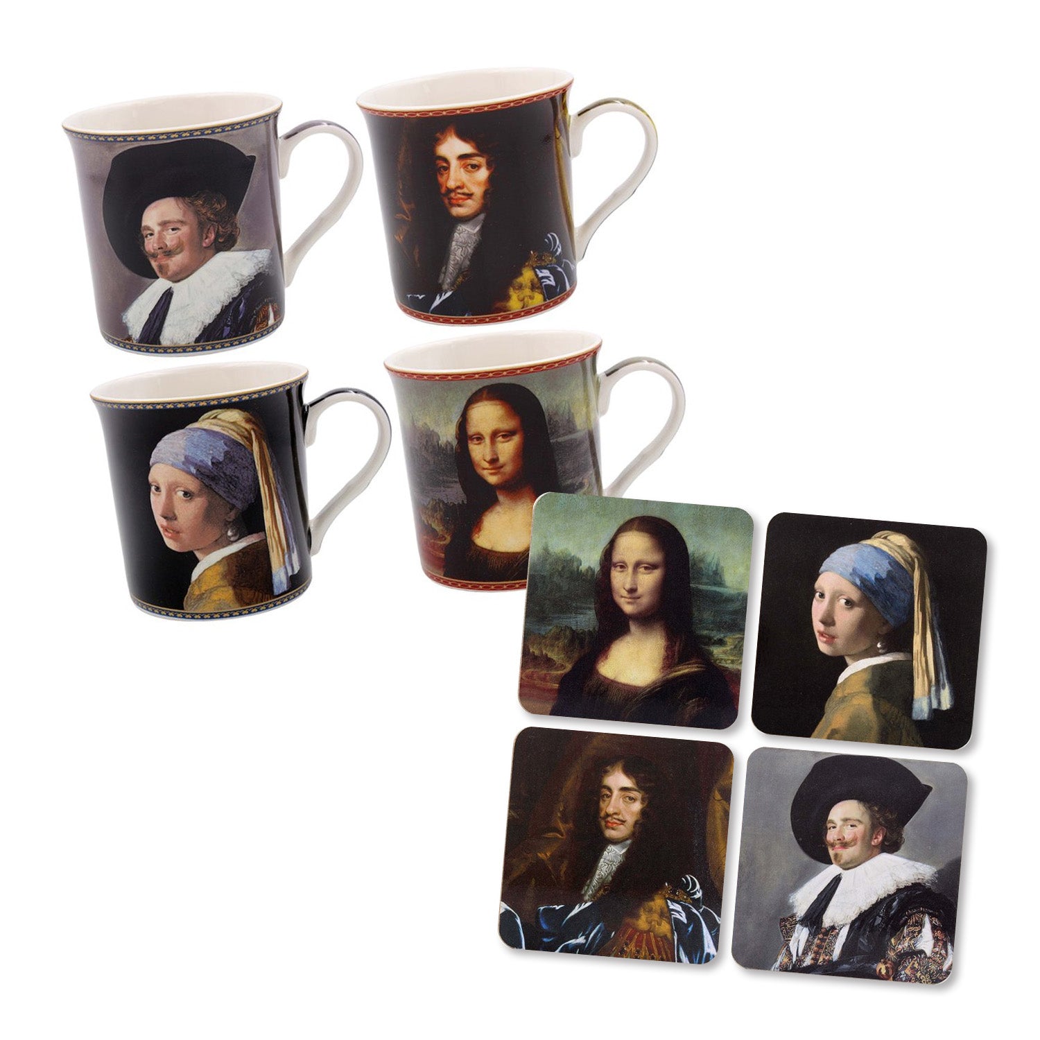 Classic Portrait Art 4Pcs 300ml Fine China Mugs & 4 Cork Coasters