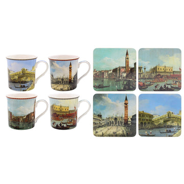 Canaletto City Collection 4Pcs 300ml Fine China Mugs & 4 Cork Coasters