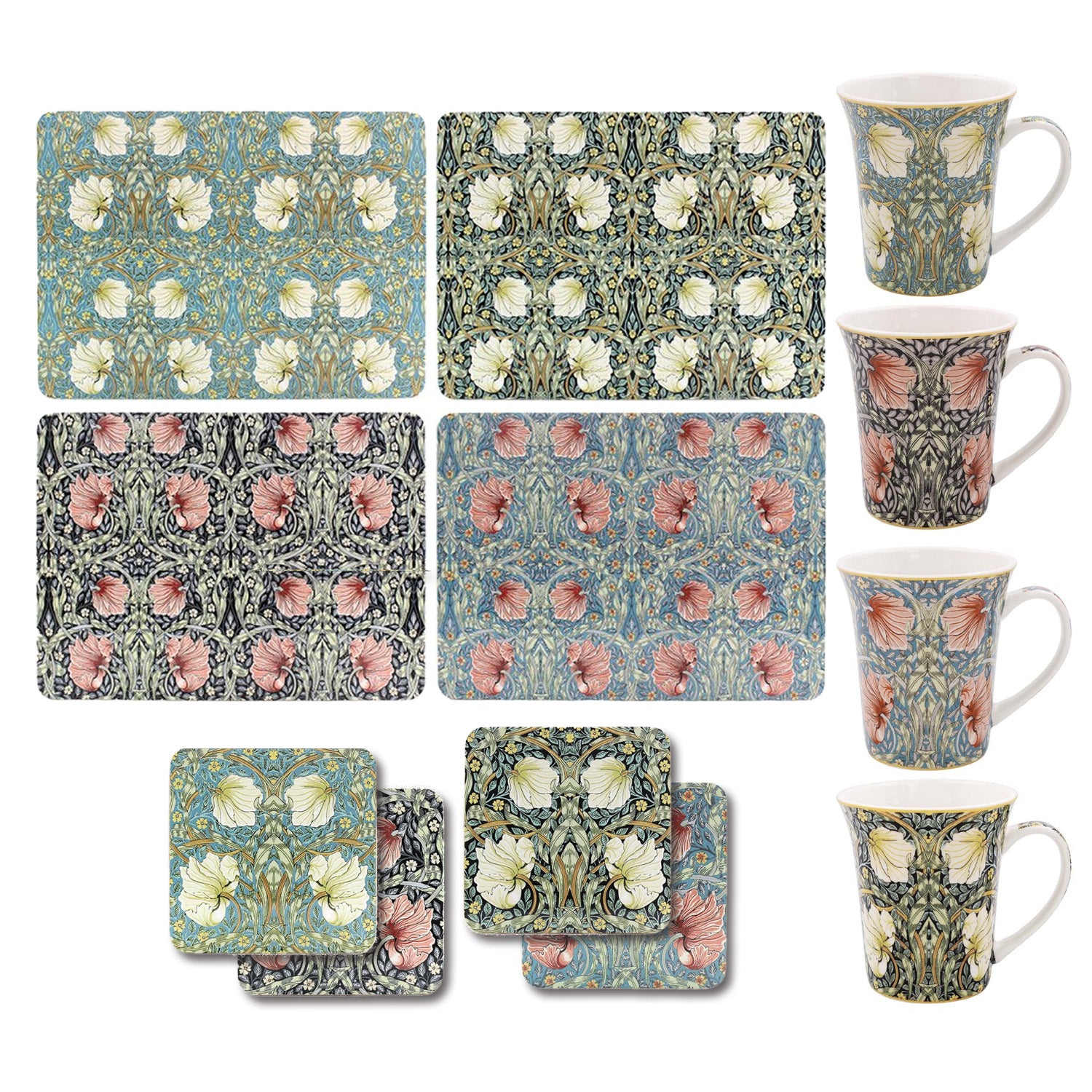 W Morris 4Pcs Pimpernel Mugs with 4 Coasters & 4 Placemats