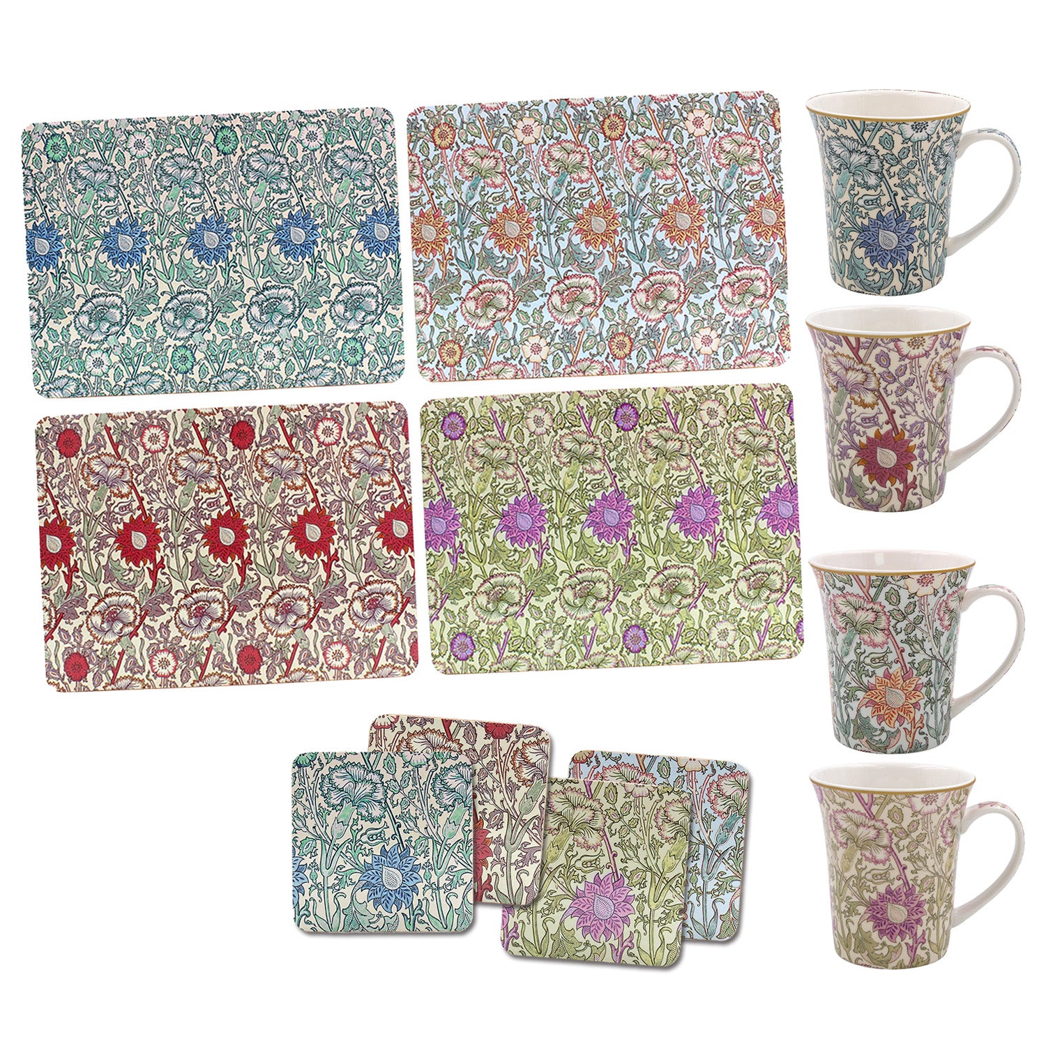 W Morris 4Pcs Pink & Rose Mugs with 4 Coasters & 4 Placemats