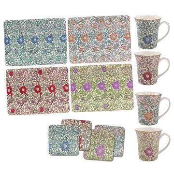 W Morris 4Pcs Pink & Rose Mugs with 4 Coasters & 4 Placemats