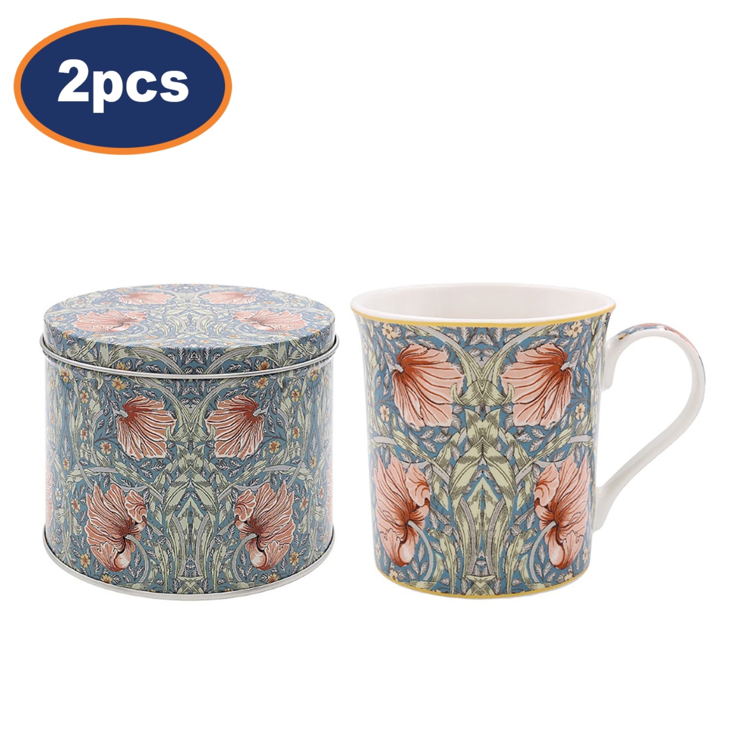 2pcs William Morris Pimpernel 300ml Ceramic Mug in Round Tin