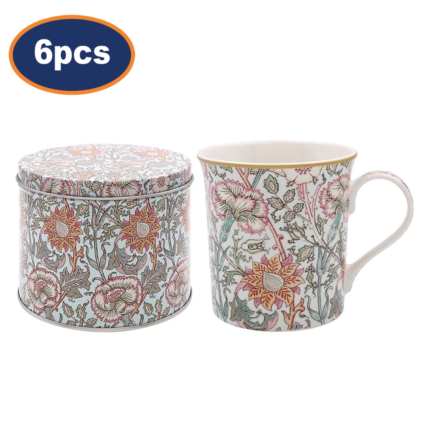 6pcs William Morris Pink & Rose 300ml Ceramic Mug in Round Tin
