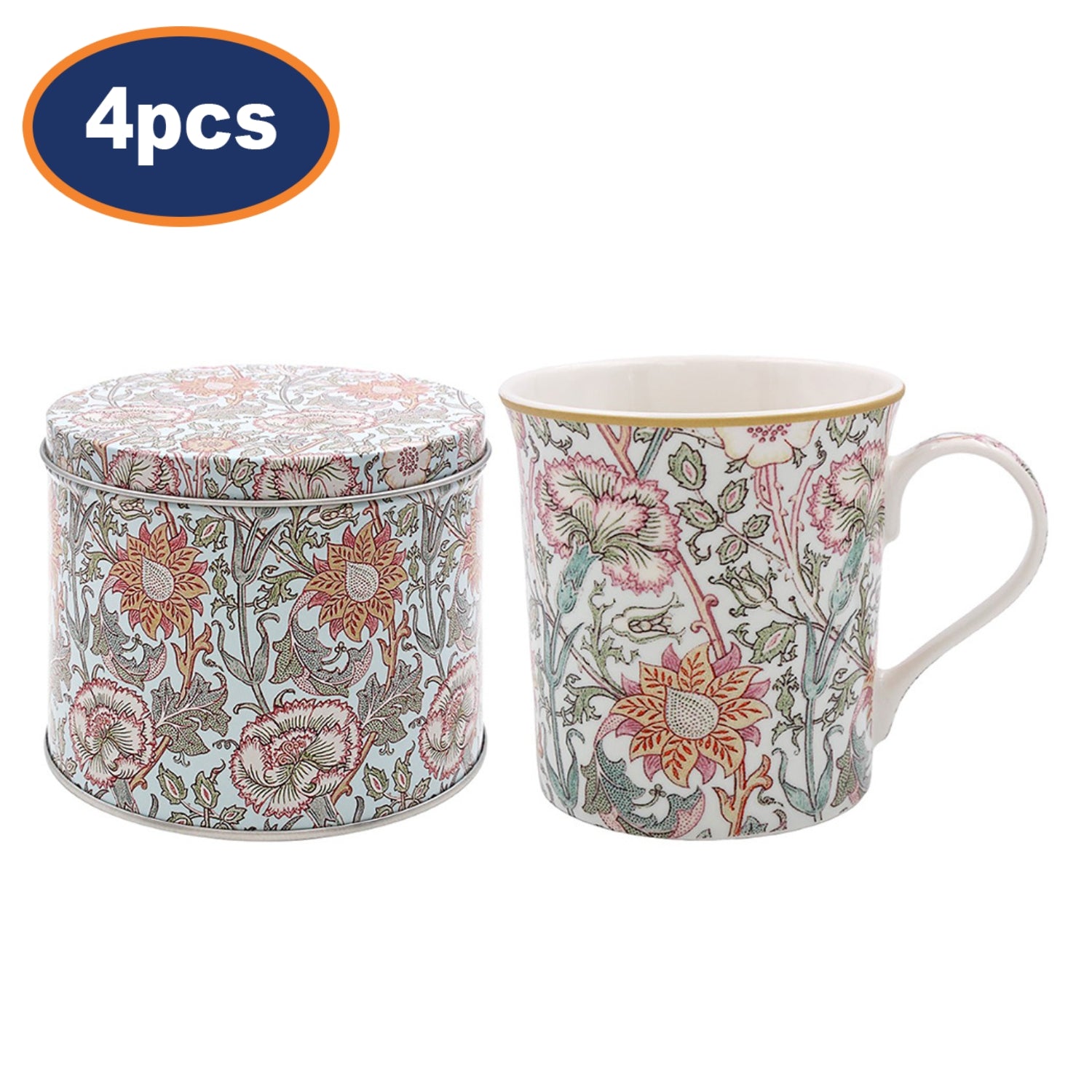 4pcs William Morris Pink & Rose 300ml Ceramic Mug in Round Tin