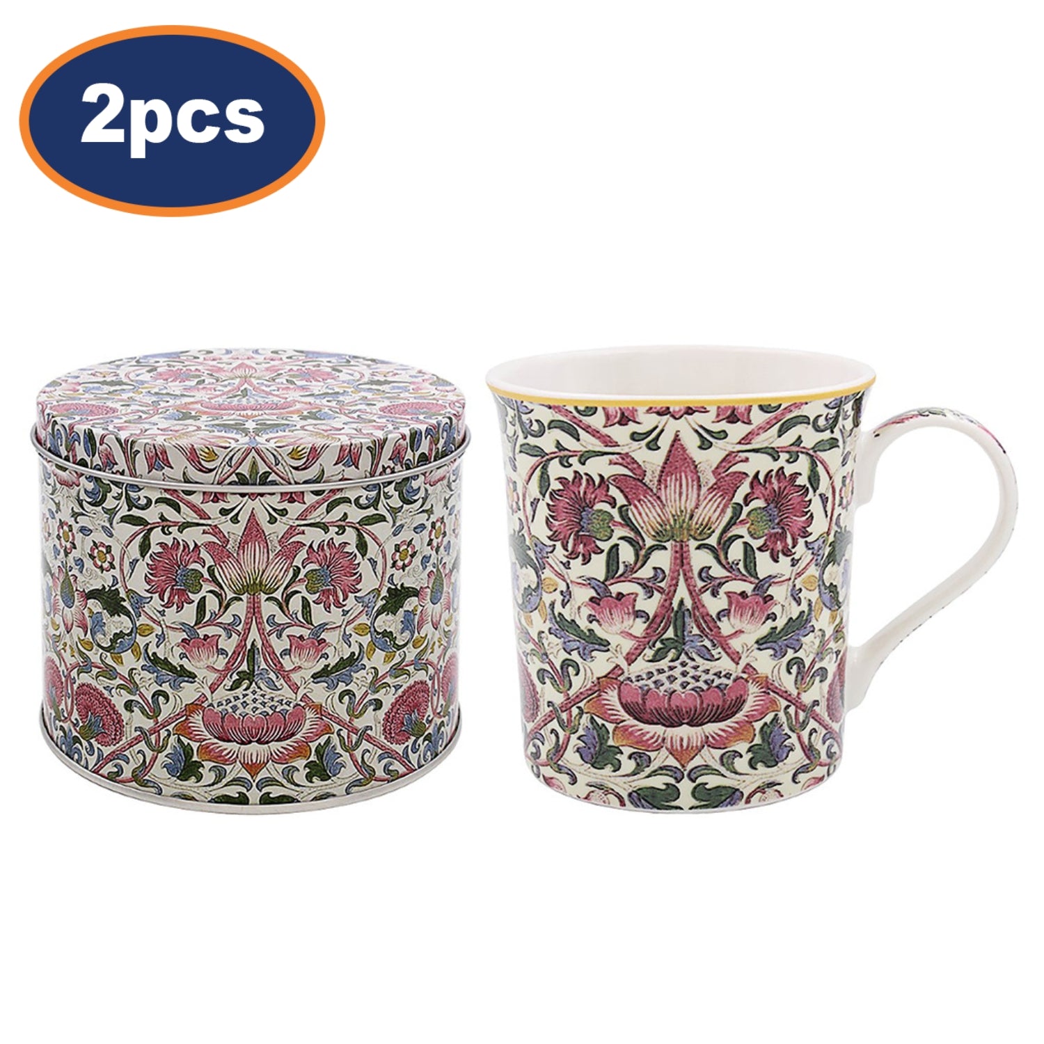 2pcs William Morris Lodden 300ml Ceramic Mug in Round Tin