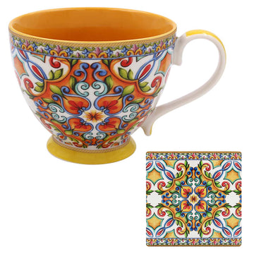 400ml Tuscany Yellow Mediterranean Floral Mug & Coaster Set