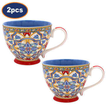 2Pcs 400ml Tuscany Blue Mediterranean Floral Red Footed Mugs