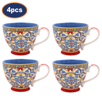 4Pcs 400ml Tuscany Blue Mediterranean Floral Red Footed Mugs