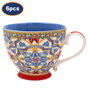 6Pcs 400ml Tuscany Blue Mediterranean Floral Red Footed Mugs
