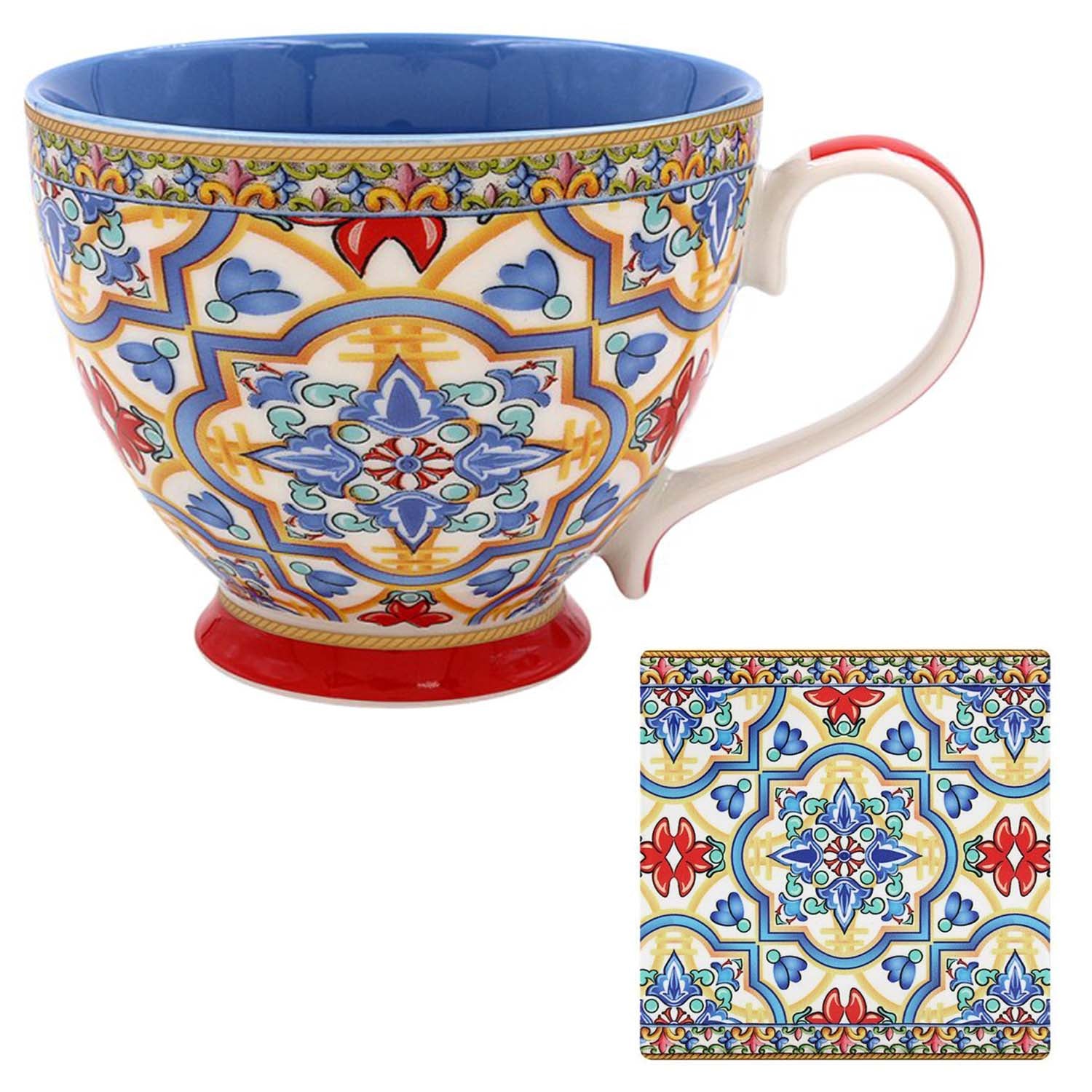 400ml Tuscany Blue Mediterranean Floral Red Footed Mug & Coaster Set