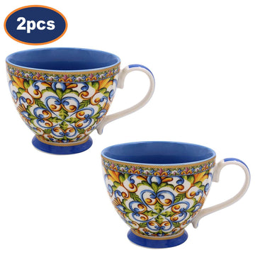 2Pcs 400ml Tuscany Blue Mediterranean Floral Mugs