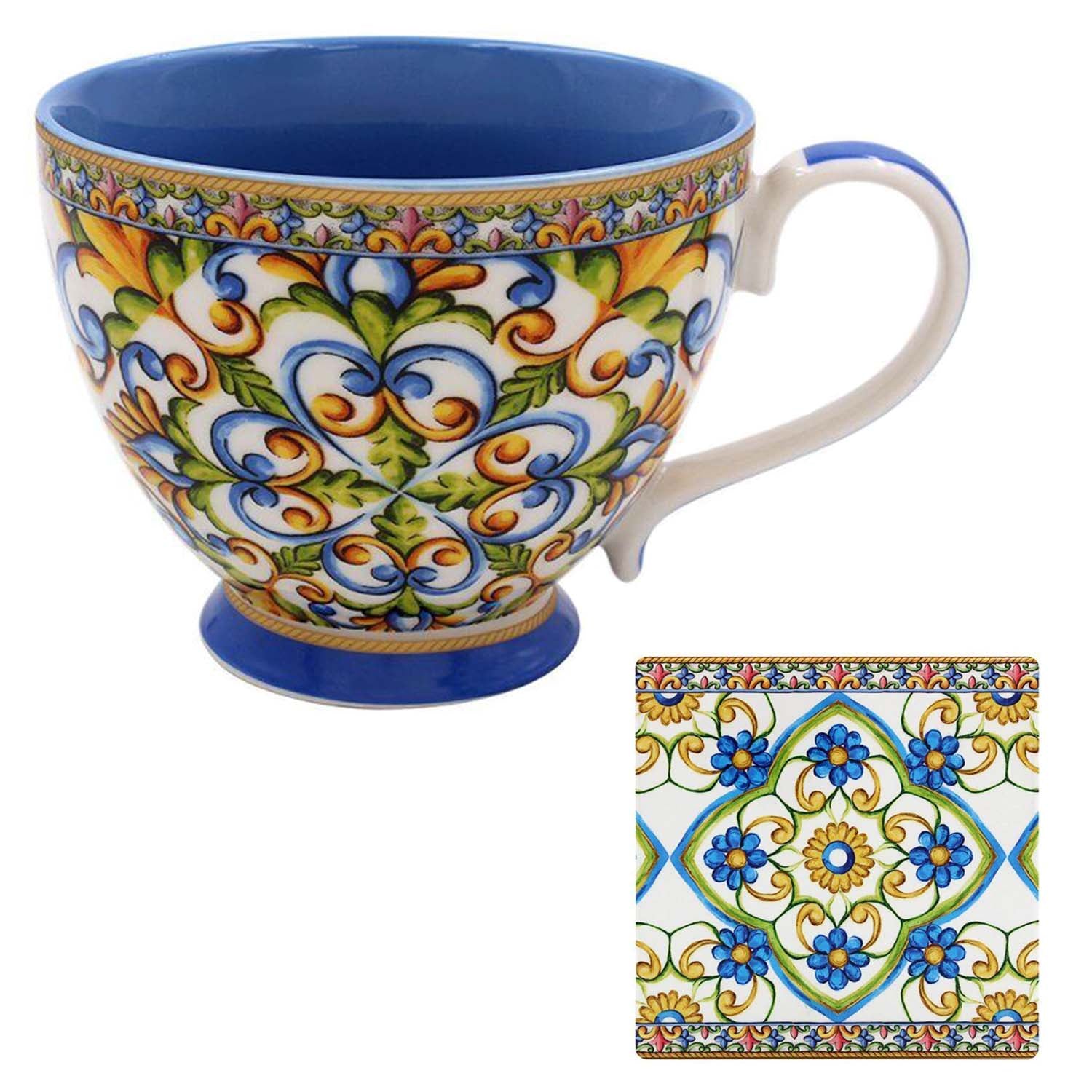 400ml Tuscany Blue Mediterranean Floral Mug & Coaster Set