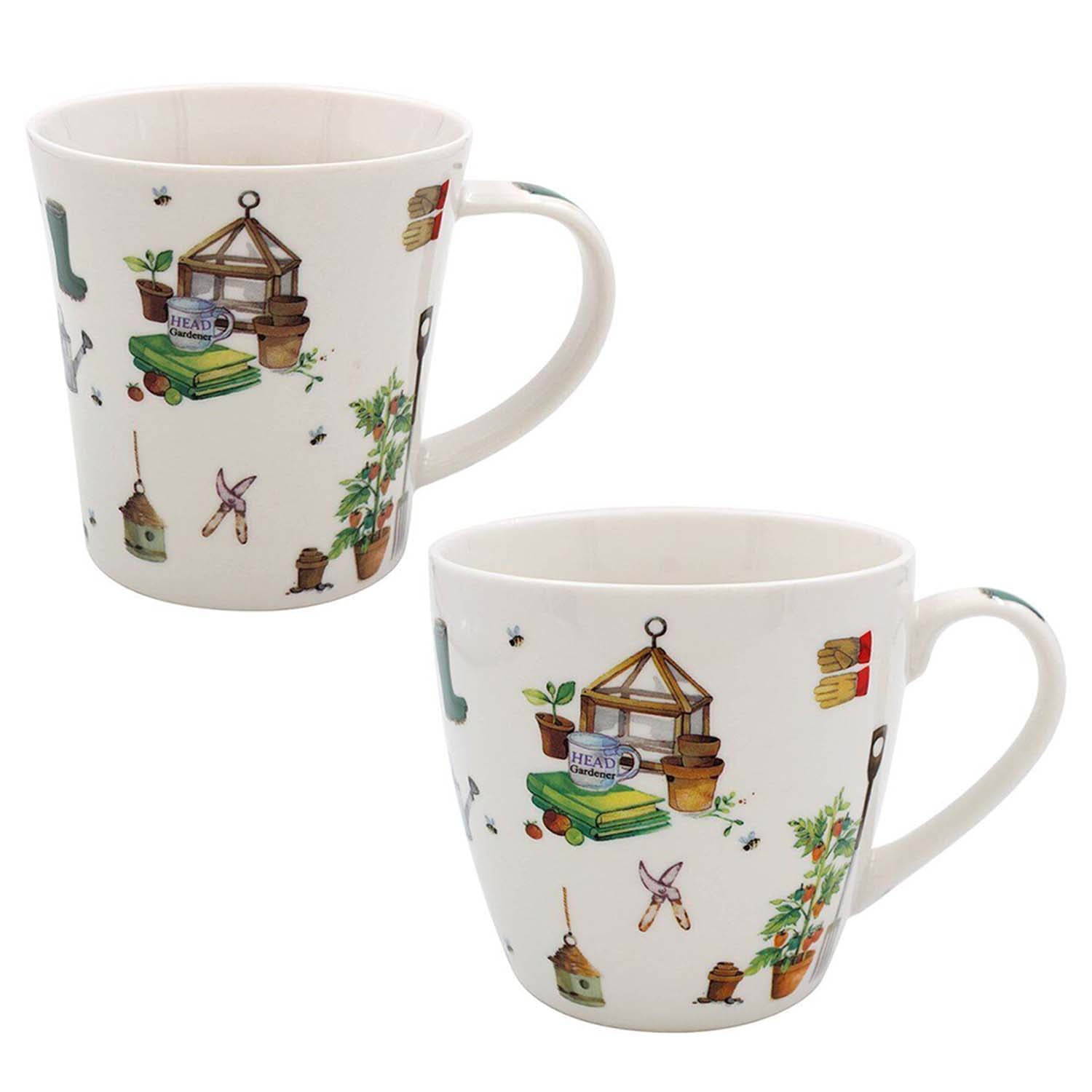 2Pc Green Fingers Ceramic Garden Theme Tapered & Round Mugs Set