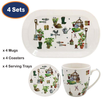 4 Packs of Green Fingers Ceramic Mug Cork Coaster & Serving Tray Set