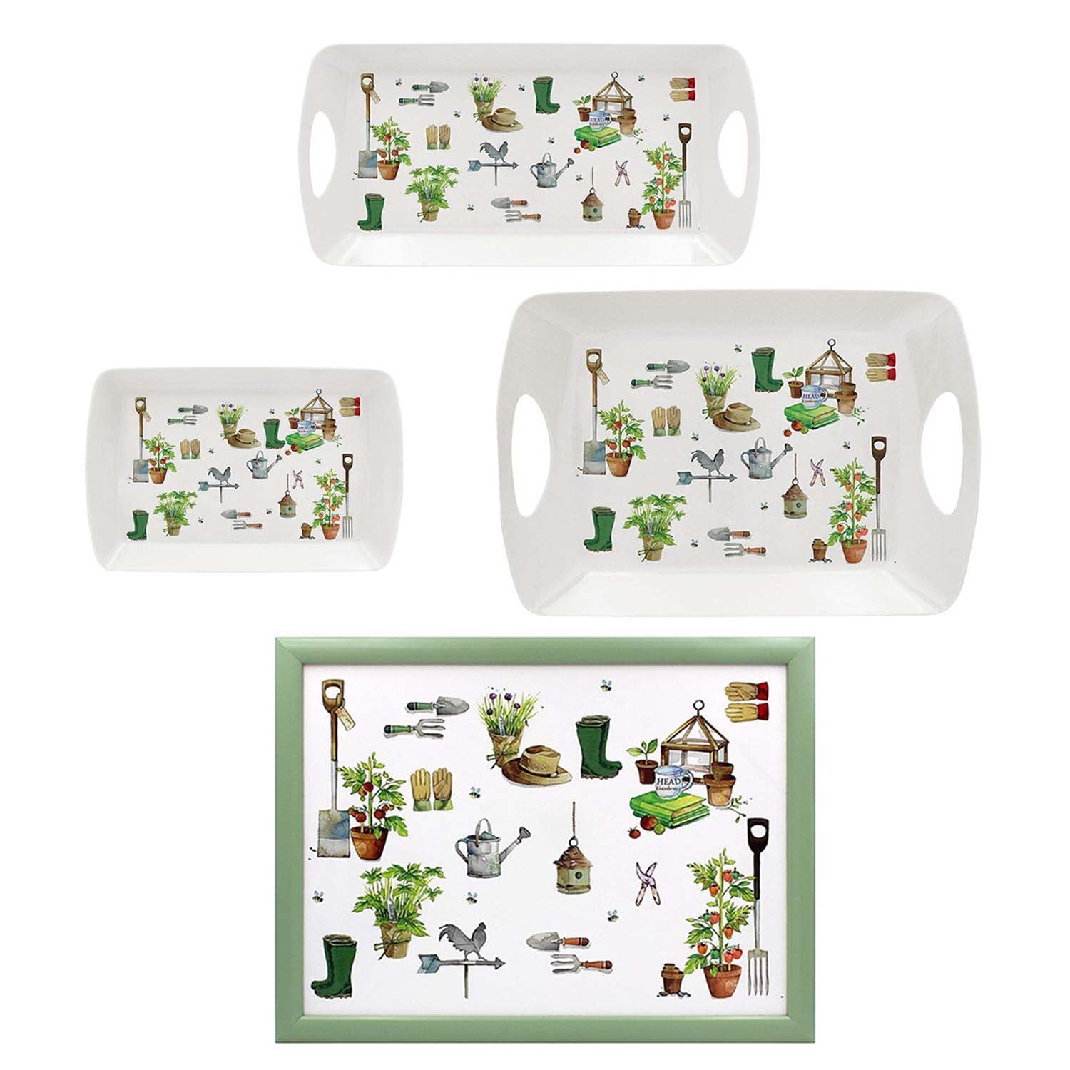 3Pc Green Fingers Melamine Garden Theme Serving Trays & Laptray Set