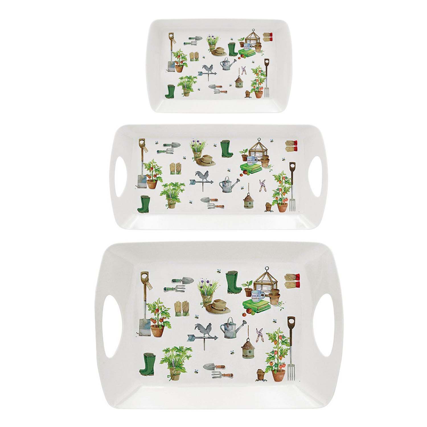 3Pc Green Fingers Various Sized Melamine Garden Theme Serving Trays Set