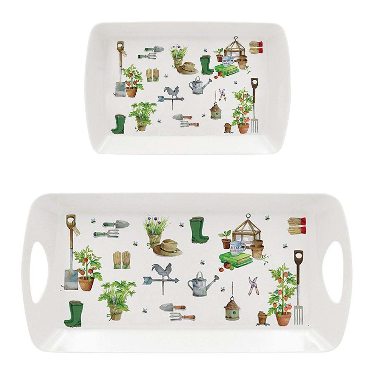 2Pc Green Fingers Small & Medium Melamine Garden Theme Serving Trays Set