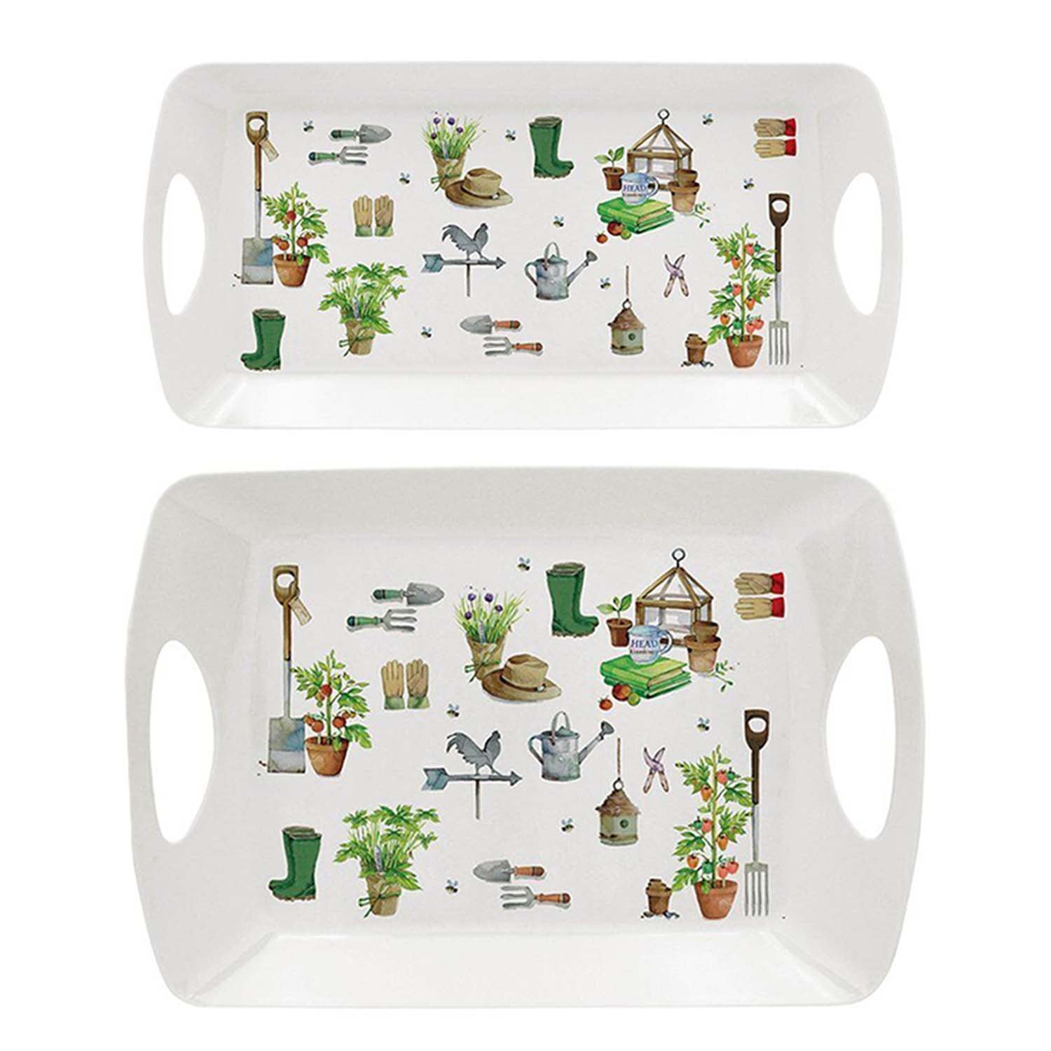 2Pc Green Fingers Medium & Large Melamine Garden Theme Serving Trays Set