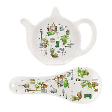 2Pc Green Fingers Melamine Garden Theme Tea Bag Holder & Spoon Rest Set