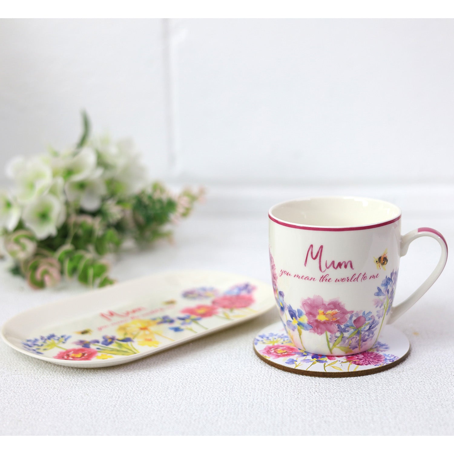 Ceramic Floral Design Mug Coaster & Serving Tray