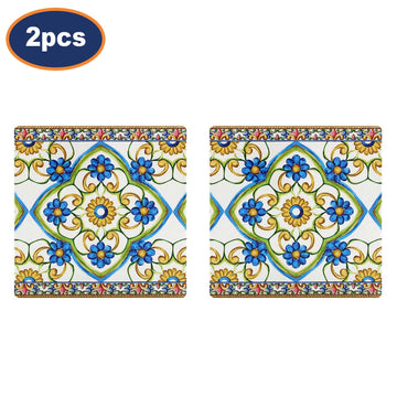 2Pcs Tuscany Blue & Yellow Ceramic Mediterranean Floral Coasters