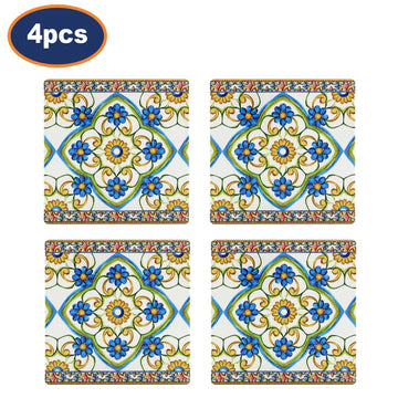 4Pcs Tuscany Blue & Yellow Ceramic Mediterranean Floral Coasters