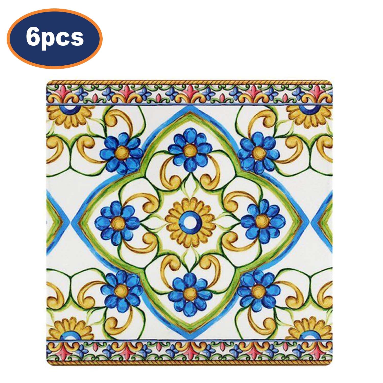 6Pcs Tuscany Blue & Yellow Ceramic Mediterranean Floral Coasters