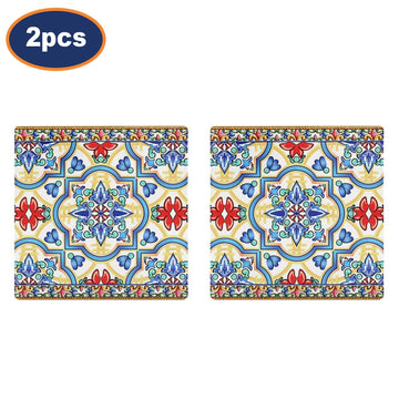 2Pcs Tuscany Blue & Red Ceramic Mediterranean Floral Coasters