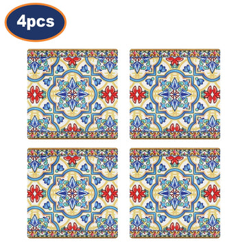 4Pcs Tuscany Blue & Red Ceramic Mediterranean Floral Coasters