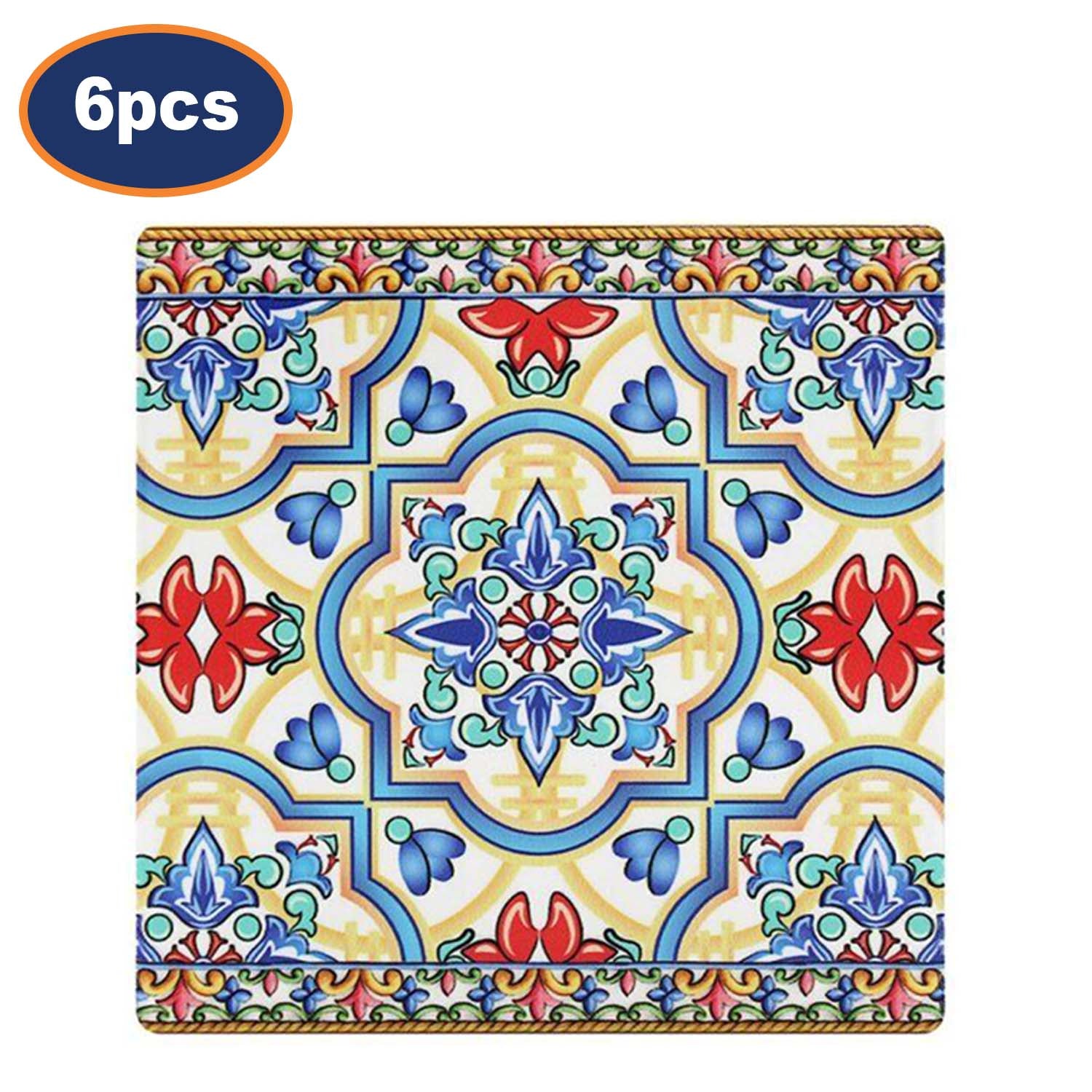 6Pcs Tuscany Blue & Red Ceramic Mediterranean Floral Coasters