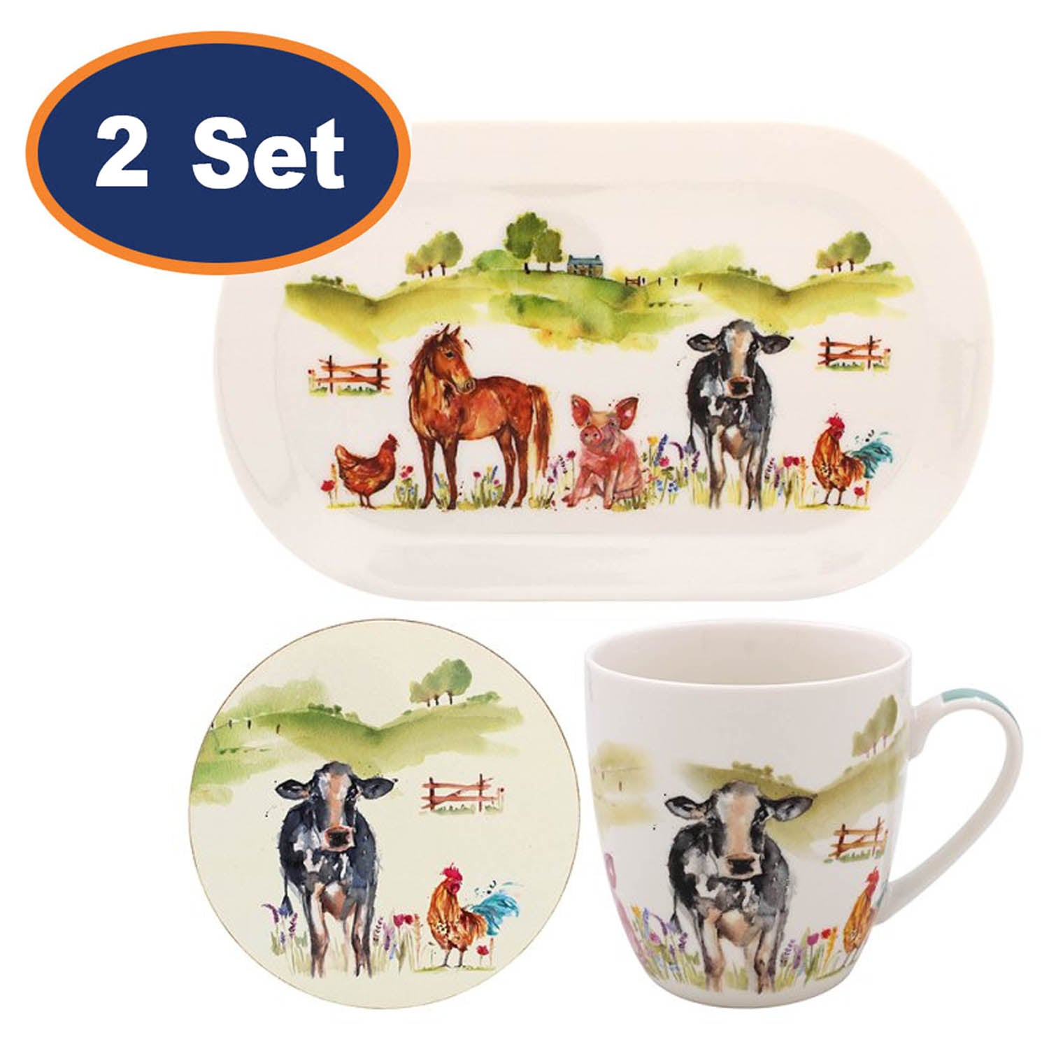 2 Sets of Farmyard Animals Mug Coaster & Tray