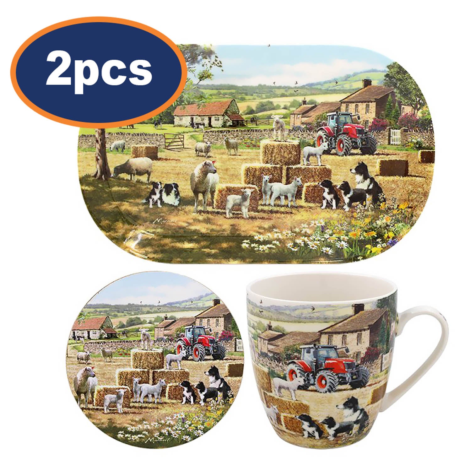 2 Sets pf Collie & Sheep Mug with Coaster & Tray