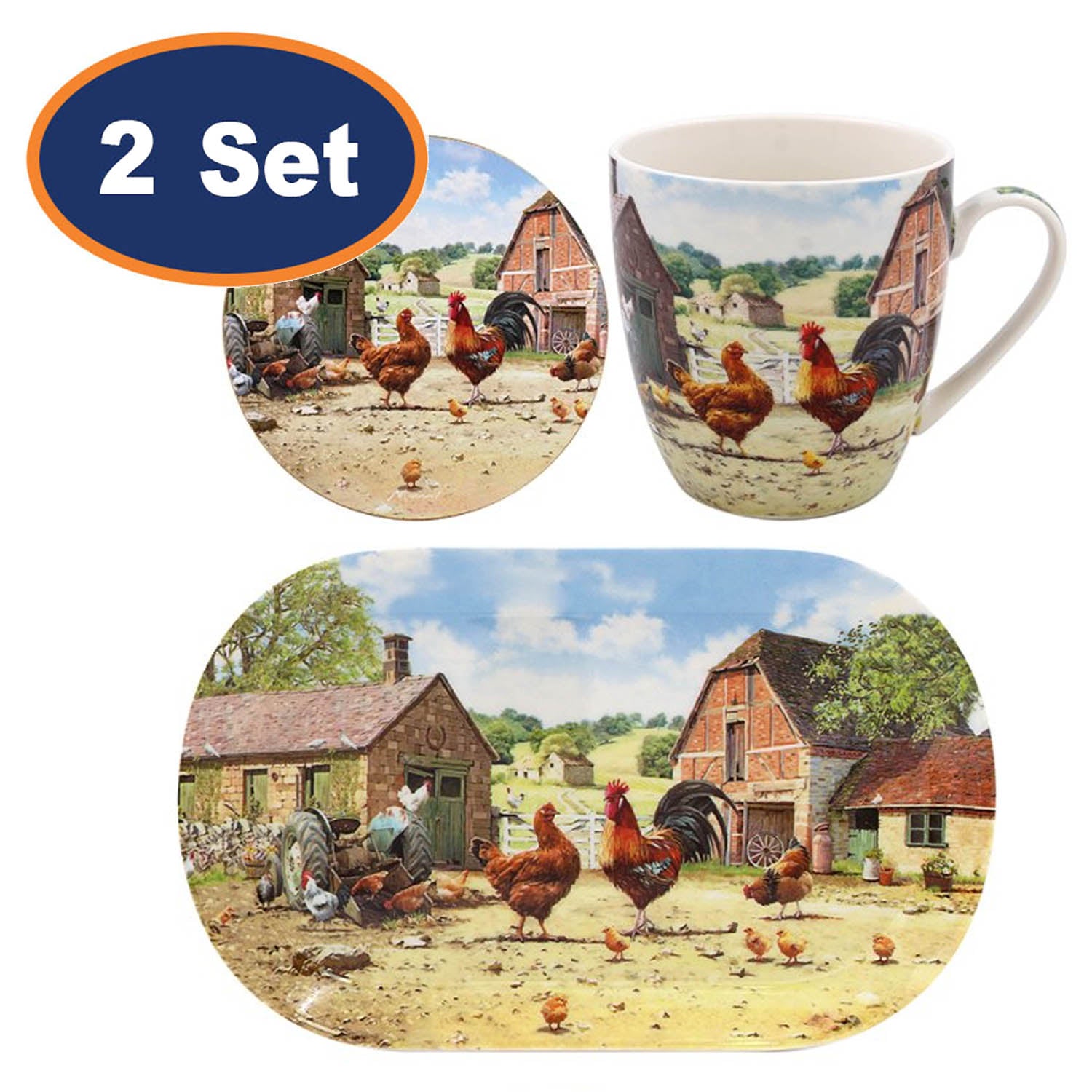 2-Sets Cockerel & Hen Mug Coaster Tray Tea Set
