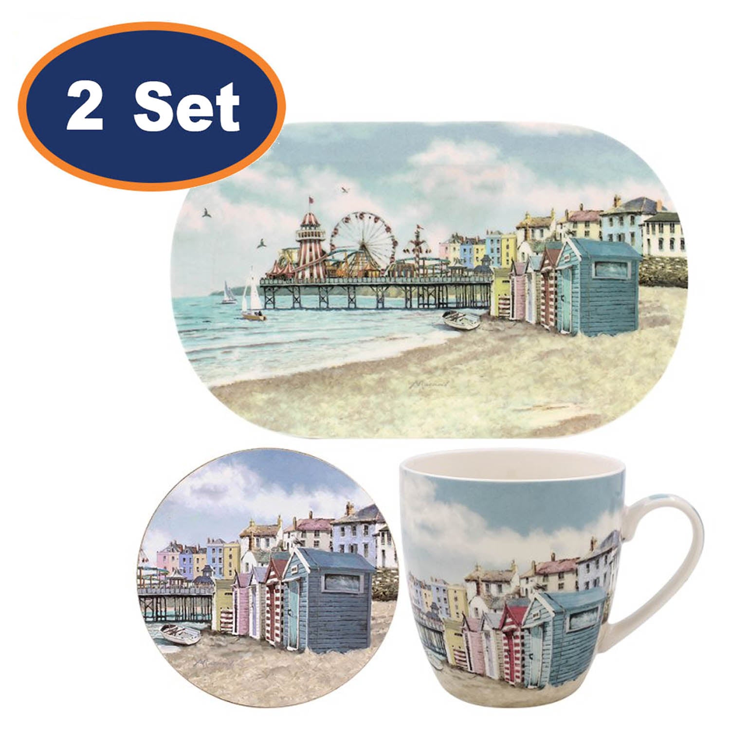 2-Sets of Sandy Bay Beach Mug Coaster & Tray Set