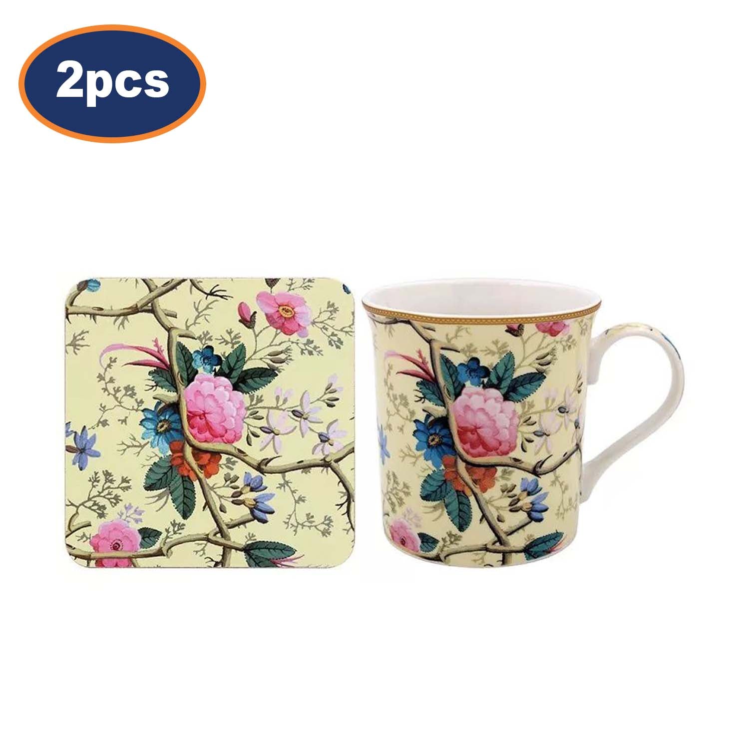 2 Sets of William Morris Cream Floral Kilburn Ceramic Mug & Coaster