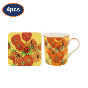4 Sets of  Van Gogh Orange Sunflower Vintage Art Ceramic Mug & Coaster