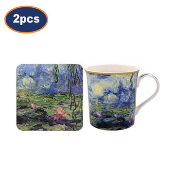 2 Sets of Claude Monet Blue Floral Water Lily Art Pond Ceramic Mug & Coaster