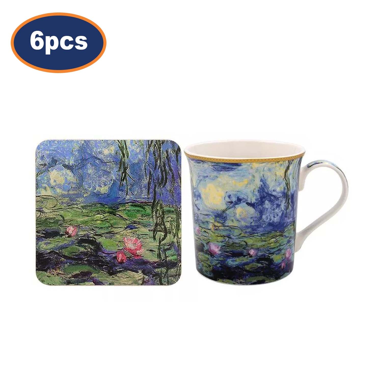 6 Sets of Claude Monet Blue Floral Water Lily Art Pond Ceramic Mug & Coaster