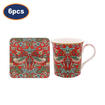 6 Sets of William Morris Red Floral Birds Ceramic Mug & Coaster