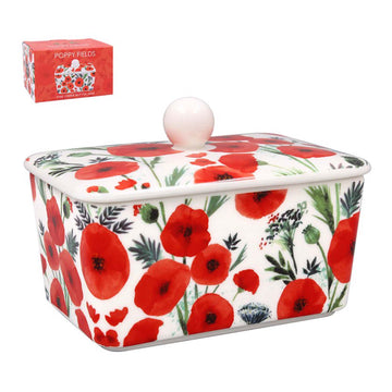 Red Poppy Fields Fine China Butter Dish with Lid